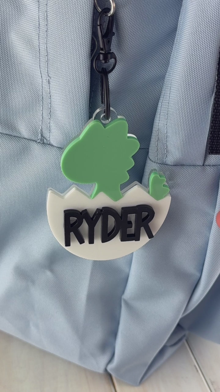 Personalized dinosaur name tags for kids shown in pink and green colors with names Ryder and Nora, ideal for backpacks or school bags.