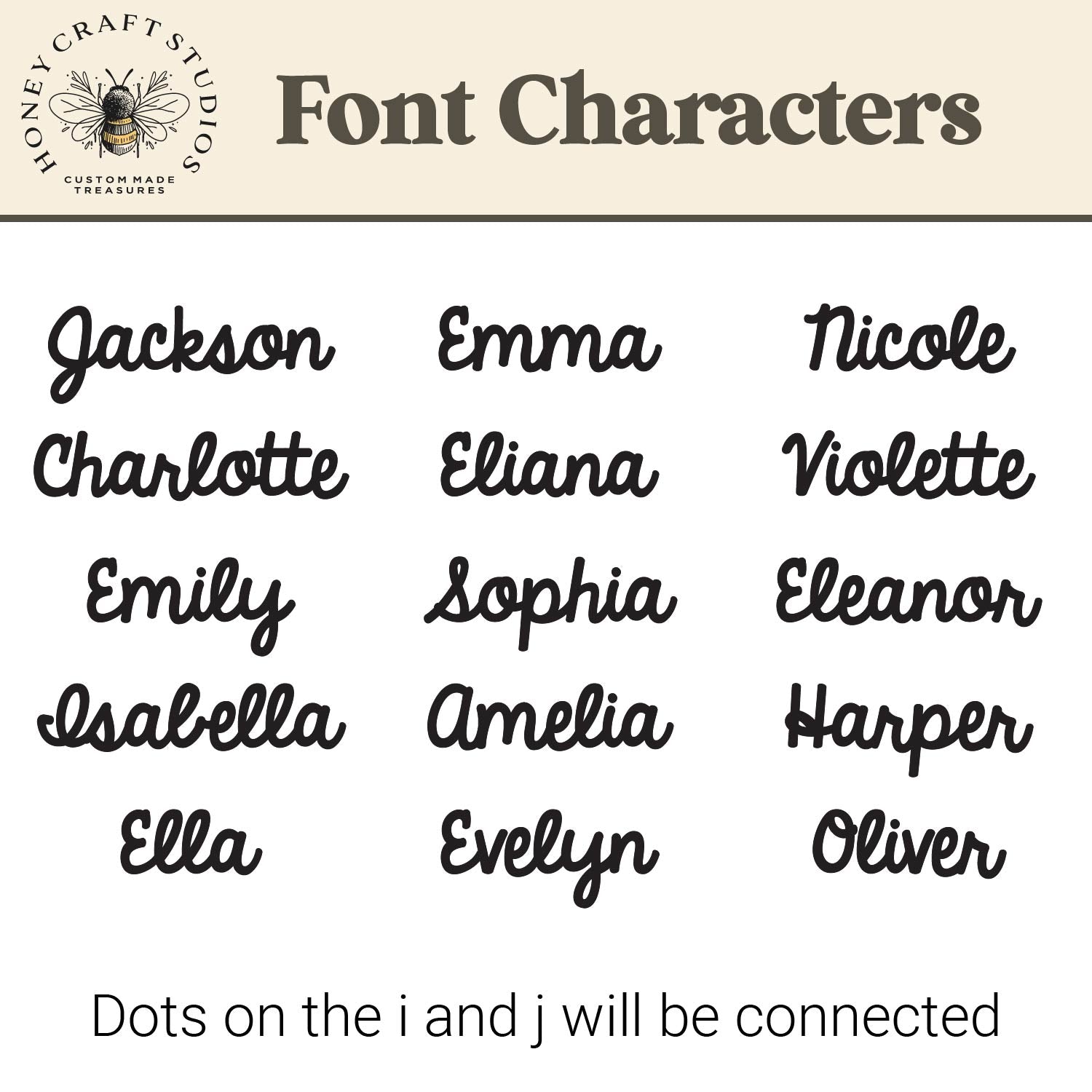 List of common names in a cursive font