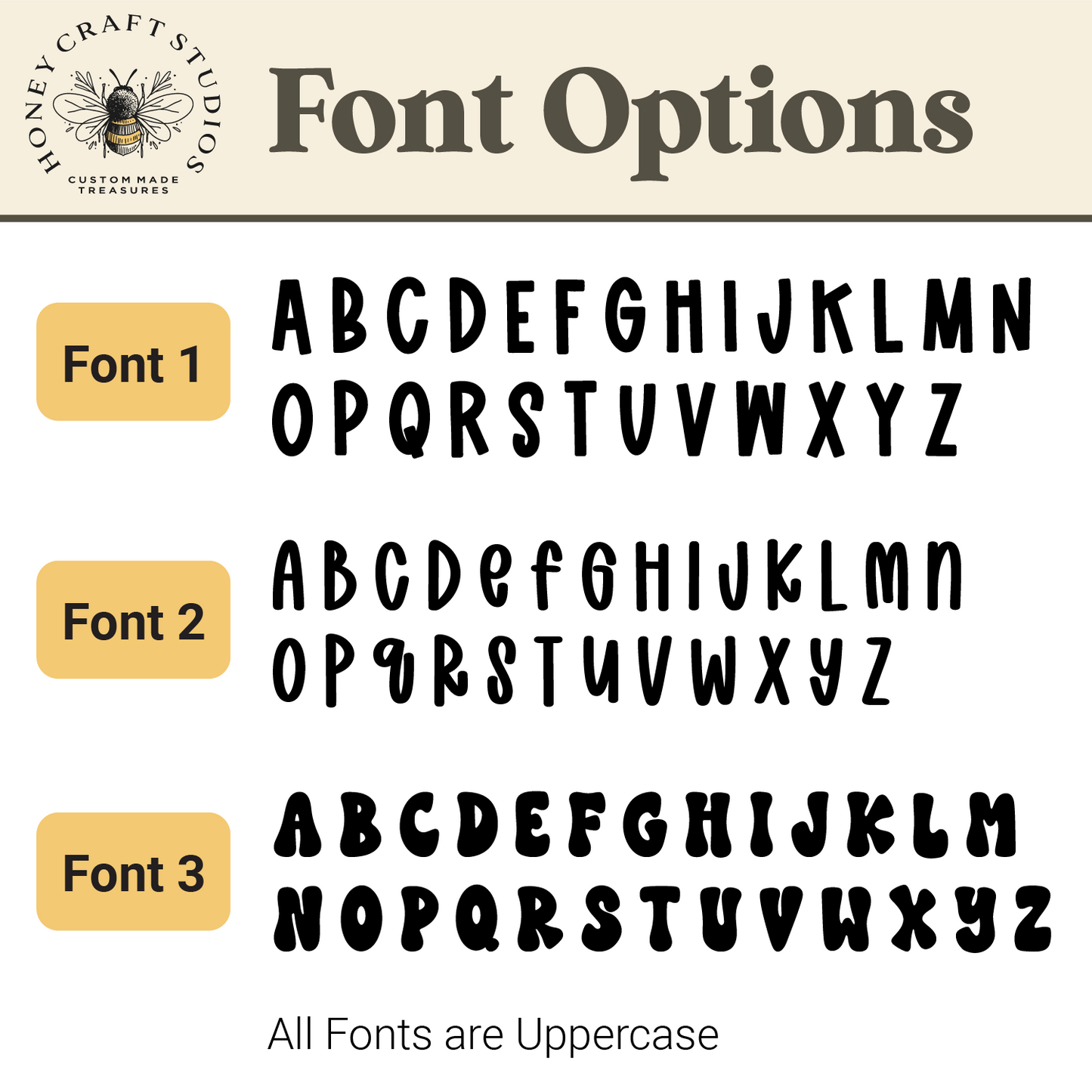 Three font style options displayed for custom acrylic name tags: playful, modern, and bold choices for personalization.