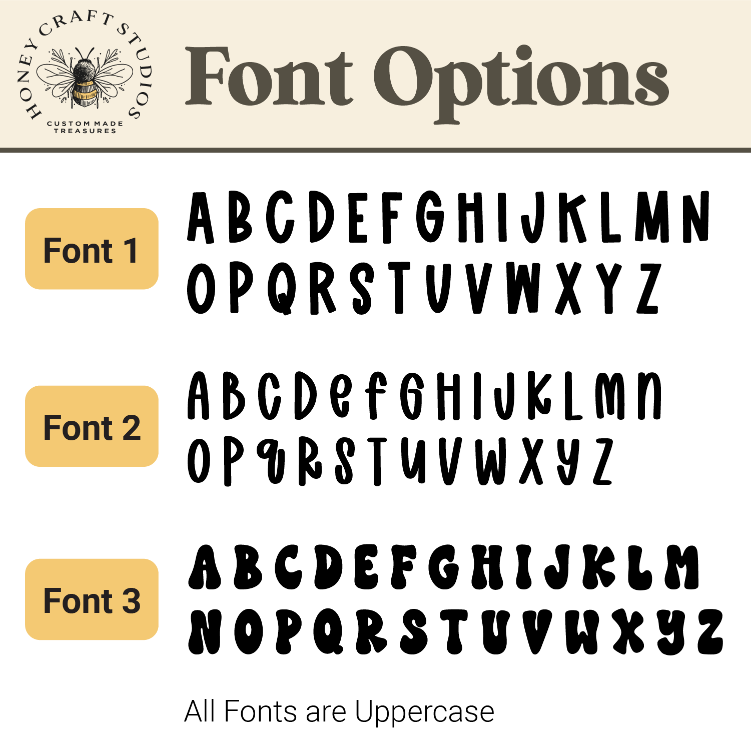 Three font style options displayed for custom acrylic name tags: playful, modern, and bold choices for personalization.